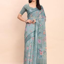 KALINI Floral Zari Linen Blend Designer Block Print Saree-image-56