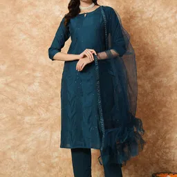 KALINI Women Embroidered Regular Sequinned Kurti with Pyjamas & With Dupatta-44