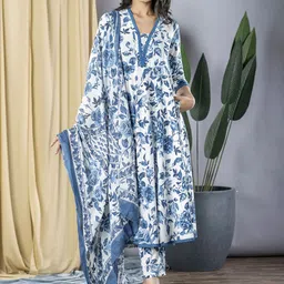 KALINI Floral Printed V-Neck Anarkali Pure Cotton Kurta With Trousers And Dupatta-11