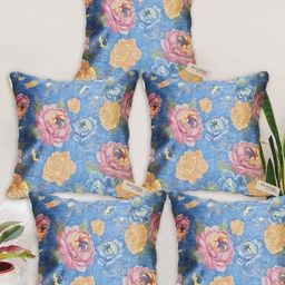 Blue Grass Blue & Yellow 5 Pieces Floral Printed Velvet Square Cushion Covers-image-101
