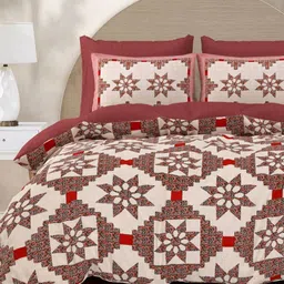 Varde Beige & Red Printed 210 TC Pure Cotton Ajrak Printed King Bedsheet 2.50 m x 2.70 m with 2 Pillow Covers Set-27