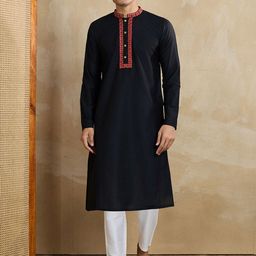 Inddus Floral Yoke Design Mandarin Collar Thread Work Straight Kurta With Trousers-image-72