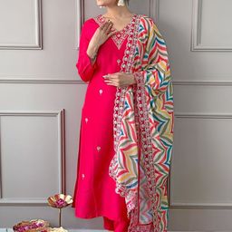 KALINI Ethnic Motifs Embroidered Chanderi Silk Straight Kurta With Trousers And Dupatta-image-98