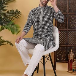 ADHIRAJAN Men Black Cotton Kurtas-image-90