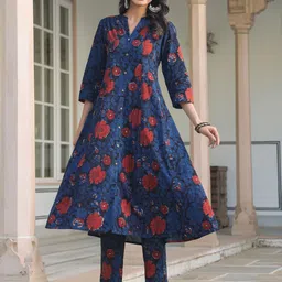 Janasya Women Floral Printed Regular Pure Cotton Kurta with Trousers-picture-35