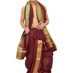 Exotic India Men Art Silk Ready to Wear Dhoti and Veshti Set with Woven Golden Border-picture-13