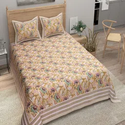 Myntra Elegant Homes Beige Floral Pure Cotton 180 TC King Bedsheet Set-2.74m x 2.54m-image-88