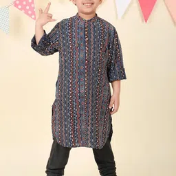 Fabindia Boys Ethnic Motifs Printed Band Collar Cotton Straight Kurta-image-77