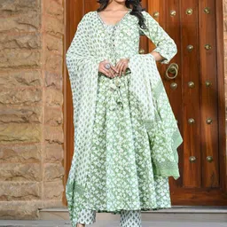 NAMA'S Ethnic Motifs Printed V Neck A Line Pure Cotton Kurta With Trousers & Dupatta-51