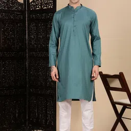 House of Pataudi Textured Mandarin Collar Cotton Straight Kurta-picture-17