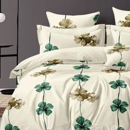 Bajo's Off White & Green Floral 300 TC Queen Bedsheet with 2 Pillow Covers-image-103