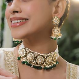 Rubans 22K Gold-Plated White Kundan, Cubic Zirconia & Dark Green Beaded Pearl Choker Set-picture-1