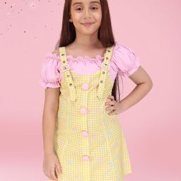 CUTECUMBER Girl's Checked Puff Sleeves A-Line Knee Length Dress-picture-27