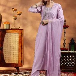 Libas Floral Embroidered Sequinned Straight Kurta With Trousers & Dupatta-27