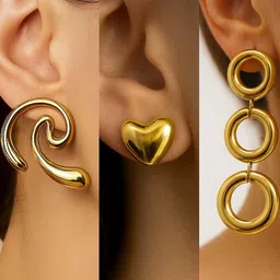 ISHTAARA Set Of 3 Stainless Steel Gold Plated Earrings-picture-15