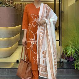 KALINI Floral Embroidered V-Neck Straight Kurta With Trousers And Dupatta-picture-40