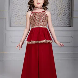 Tulsi Creation Girls Geometric Embroidered Sequinned A-Line Kurti With Palazzos & Dupatta-picture-0