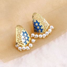 SOHI Gold Plated Pearl Beaded Contemporary Farah Drop Earrings-46