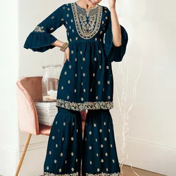 SANCIA Floral Embroidered Notch Neck Empire Zari Georgette Anarkali Kurti With Sharara-image-86
