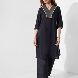 RANGMANCH BY PANTALOONS Yoke Design V-Neck Sequinned Pure Cotton Straight Kurta-picture-43