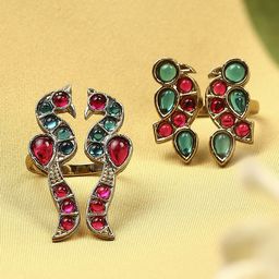 OOMPH Set Of 2 Kundan-Studded Jadau & Bird Adjustable Finger Ring-image-67
