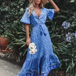 StyleCast Blue Floral Print Puff Sleeve Maxi Dress-image-8