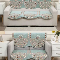 Fashion Throw Green & Brown 4 Pieces Floral Printed Jacquard Sofa Cover-picture-55