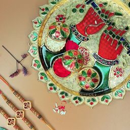 Anouk Set Of 3 Stones Studded & Beaded OM Rakhi with Card & Roli Rice Pooja Thali-12