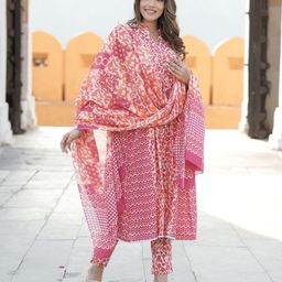 KALINI Women Ethnic Motifs Printed Regular Thread Work Pure Cotton Kurta with Trousers & With Dupatta-image-12