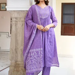 PARNAVI Women Ethnic Motifs Embroidered Pure Cotton Kurti with Trousers & With Dupatta-picture-33