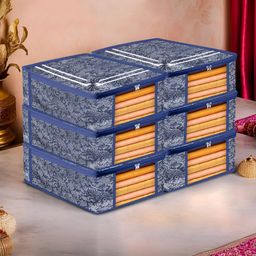 Aura Navy Blue & White 6 Pieces Printed Saree Bag Organisers-0
