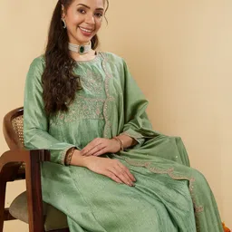 MOKOSH Women Embroidered Regular Sequinned Kurta with Trousers & With Dupatta image 5
