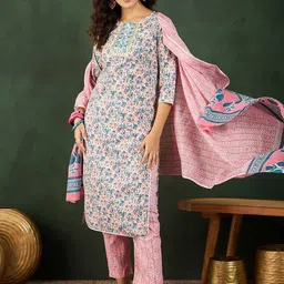 Sangria Floral Printed Mirror Work Pure Cotton Kurta With Trousers & Dupatta-11
