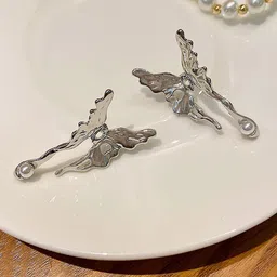 VAGHBHATT Silver-Plated Pearls Beaded Butterfly Shaped Drop Earrings-51
