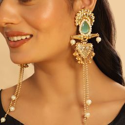 Yinara Gold-Plated Chalcedony Studded Contemporary Drop Earrings-25