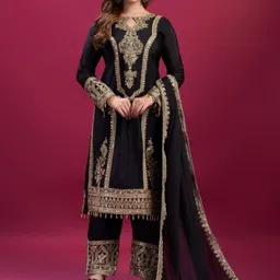 MISS CLOTHING Ethnic Motifs Embroidered Key Hole Neck Kurta With Trousers & Dupatta-picture-20