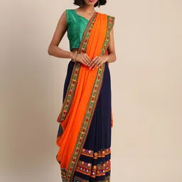 DIVASTRI Embellished Kutchi Embroidery Pure Georgette Half and Half Saree-picture-11