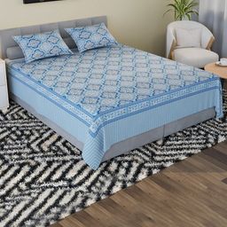 Aura Blue & White Floral 160 TC King Bedsheet with 2 Pillow Covers-image-122