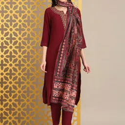 Anouk Floral Embroidered Thread Work Straight Kurta With Trouser And Dupatta-image-67