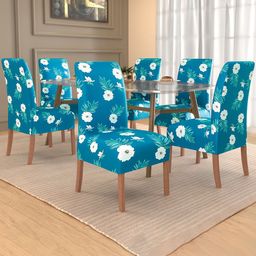 Kuber Industries 6-Pcs White & Green Flower Printed Stretchable Dining Table Chair Cover-52