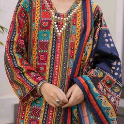 Nehamta Geometric Printed V-Neck Straight Thread Work Kurta With Palazzos & Dupatta image 2