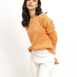 SALT ATTIRE Women Round Neck Striped Woollen Sweater Vest-image-87