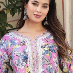SINGNI Floral Printed Notch Neck Pure Cotton Straight Kurta With Trousers & Dupatta-picture-14