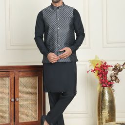 Anouk Black Band Collar Straight Kurta With Pyjamas & Woven Design Nehru Jacket-73