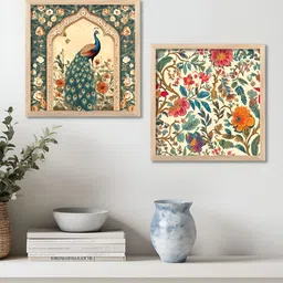 WALLLANE Brown & Green 2 Pieces Wood Madhubani Wall Art-picture-22