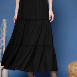 Women Solid Flared Black Skirt-image-1