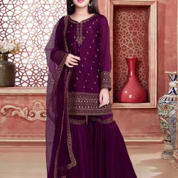 Wommaniya Impex Girls Floral Embroidered Regular Kurta with Sharara & With Dupatta-picture-53
