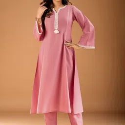 Inddus Women Solid A-Line Kurta with Trouser-image-9