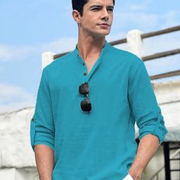 Yugnik Band Collar Roll-Up Sleeves Pure Cotton Slim Fit Short Kurta-image-90