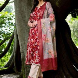Anouk Floral Printed Notch-Neck A-Line Pure Cotton Kurta With Trousers And Dupatta-11